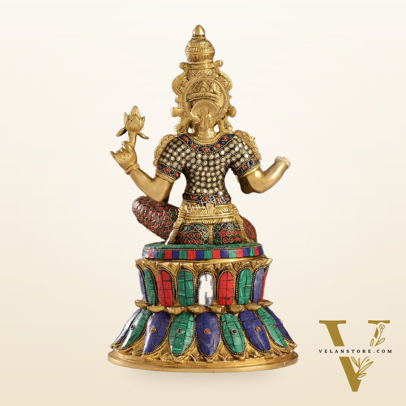 Exquisite Pure Brass Goddess Lakshmi Statue | 14.5" Height | Meenakari Stonework