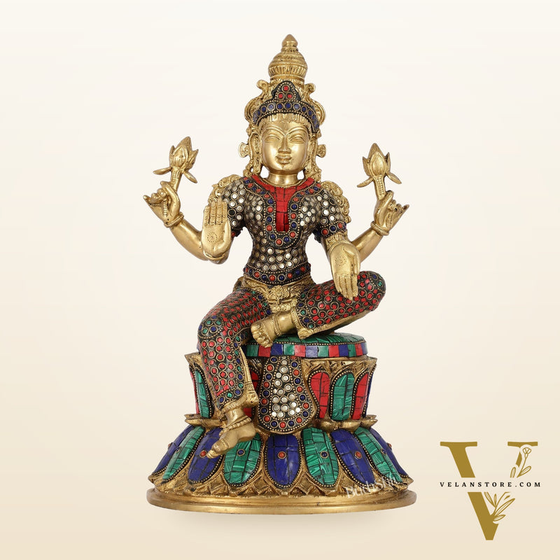 Exquisite Pure Brass Goddess Lakshmi Statue | 14.5" Height | Meenakari Stonework