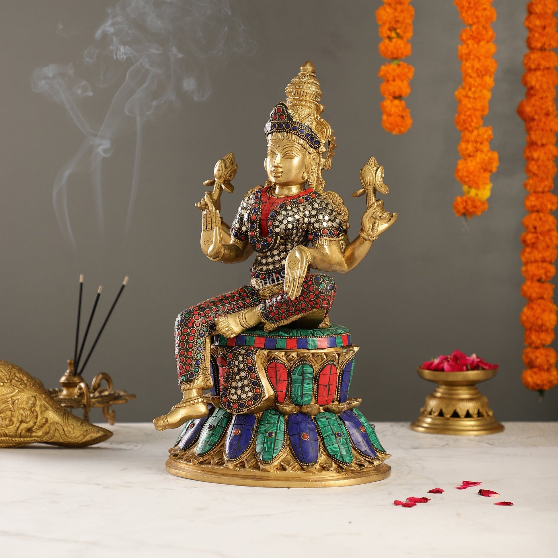 Exquisite Pure Brass Goddess Lakshmi Statue | 14.5" Height | Meenakari Stonework