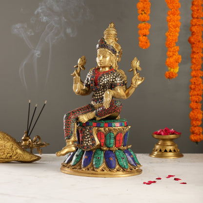 Exquisite Pure Brass Goddess Lakshmi Statue | 14.5" Height | Meenakari Stonework