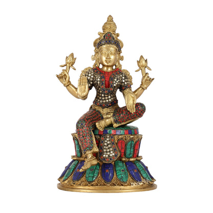 Exquisite Pure Brass Goddess Lakshmi Statue | 14.5" Height | Meenakari Stonework