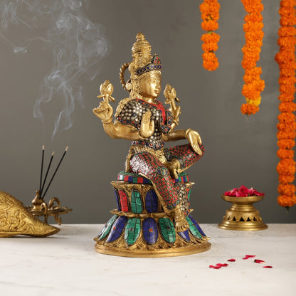 Exquisite Pure Brass Goddess Lakshmi Statue | 14.5" Height | Meenakari Stonework