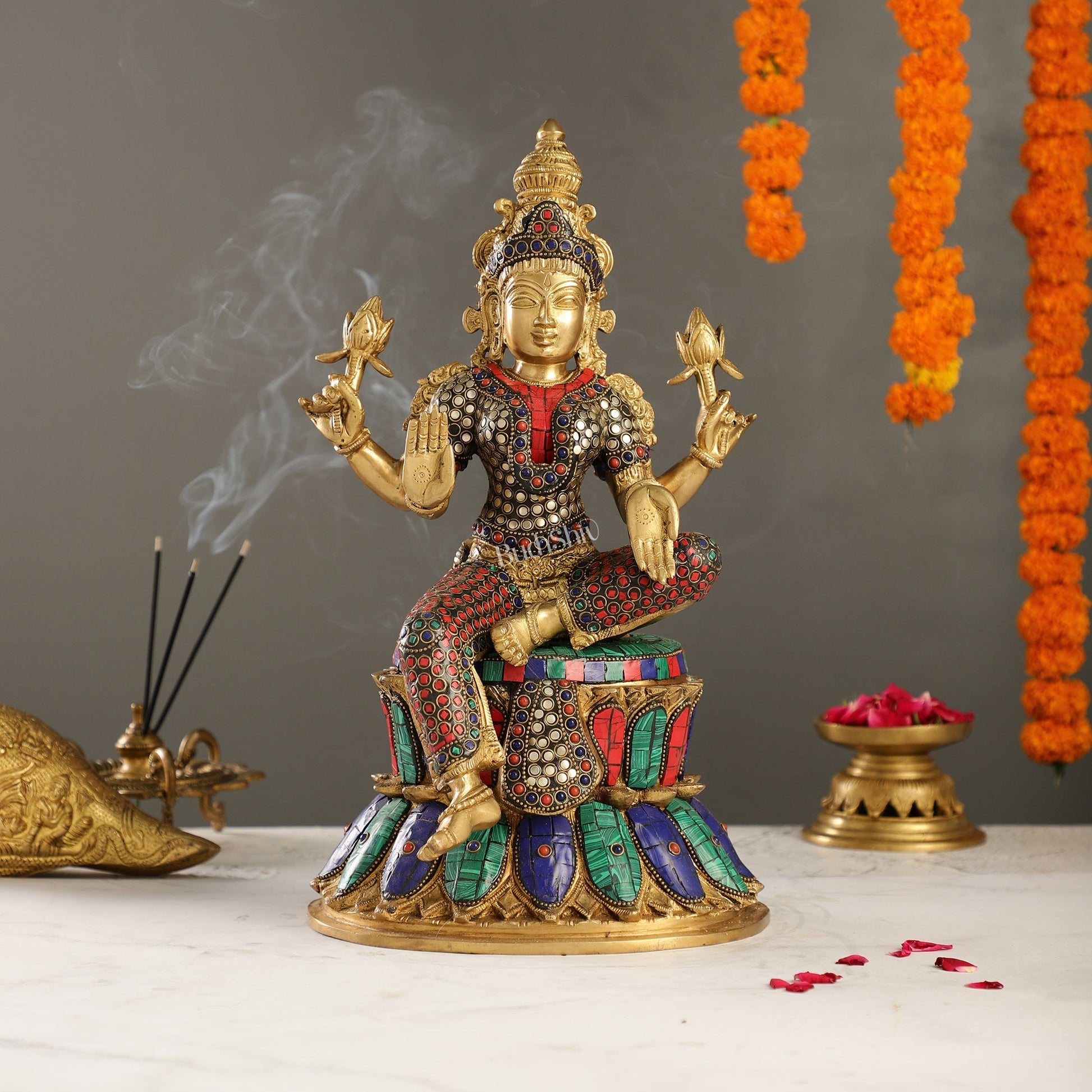 Exquisite Pure Brass Goddess Lakshmi Statue | 14.5" Height | Meenakari Stonework