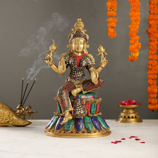 Exquisite Pure Brass Goddess Lakshmi Statue | 14.5" Height | Meenakari Stonework