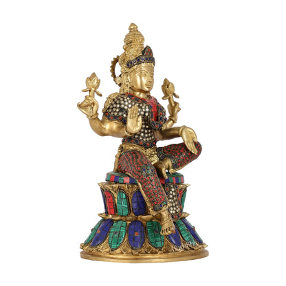 Exquisite Pure Brass Goddess Lakshmi Statue | 14.5" Height | Meenakari Stonework