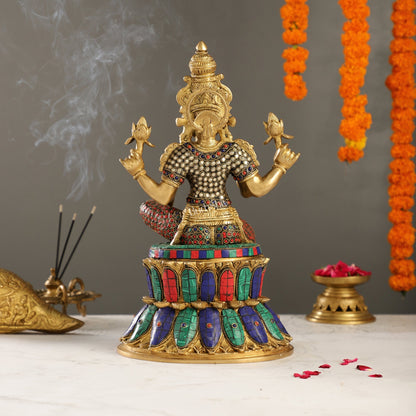 Exquisite Pure Brass Goddess Lakshmi Statue | 14.5" Height | Meenakari Stonework