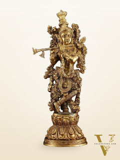 Exquisite Pure Brass Handcrafted Krishna Statue – 21" Height, Golden Antique Glossy Finish