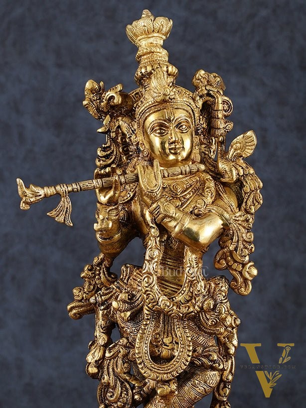Exquisite Pure Brass Handcrafted Krishna Statue – 21" Height, Golden Antique Glossy Finish