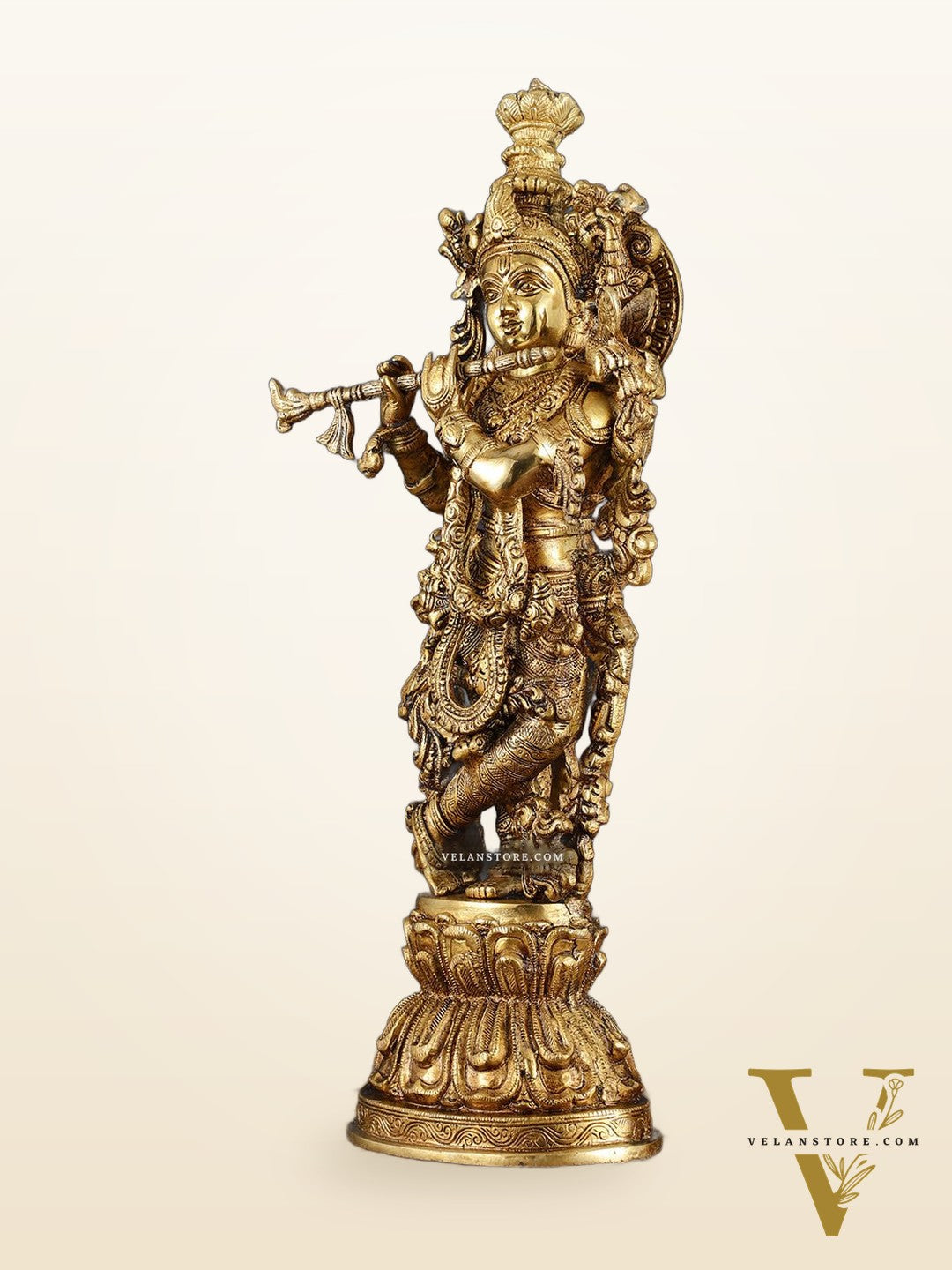 Exquisite Pure Brass Handcrafted Krishna Statue – 21" Height, Golden Antique Glossy Finish