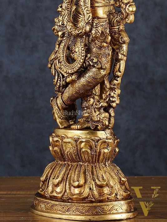 Exquisite Pure Brass Handcrafted Krishna Statue – 21" Height, Golden Antique Glossy Finish