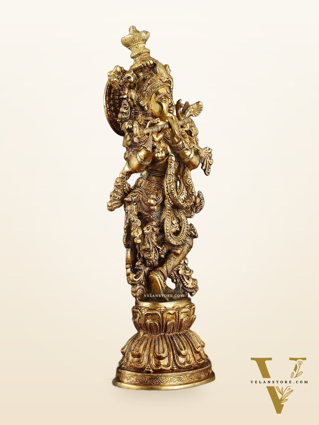Exquisite Pure Brass Handcrafted Krishna Statue – 21" Height, Golden Antique Glossy Finish