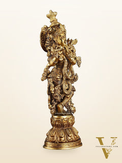 Exquisite Pure Brass Handcrafted Krishna Statue – 21" Height, Golden Antique Glossy Finish