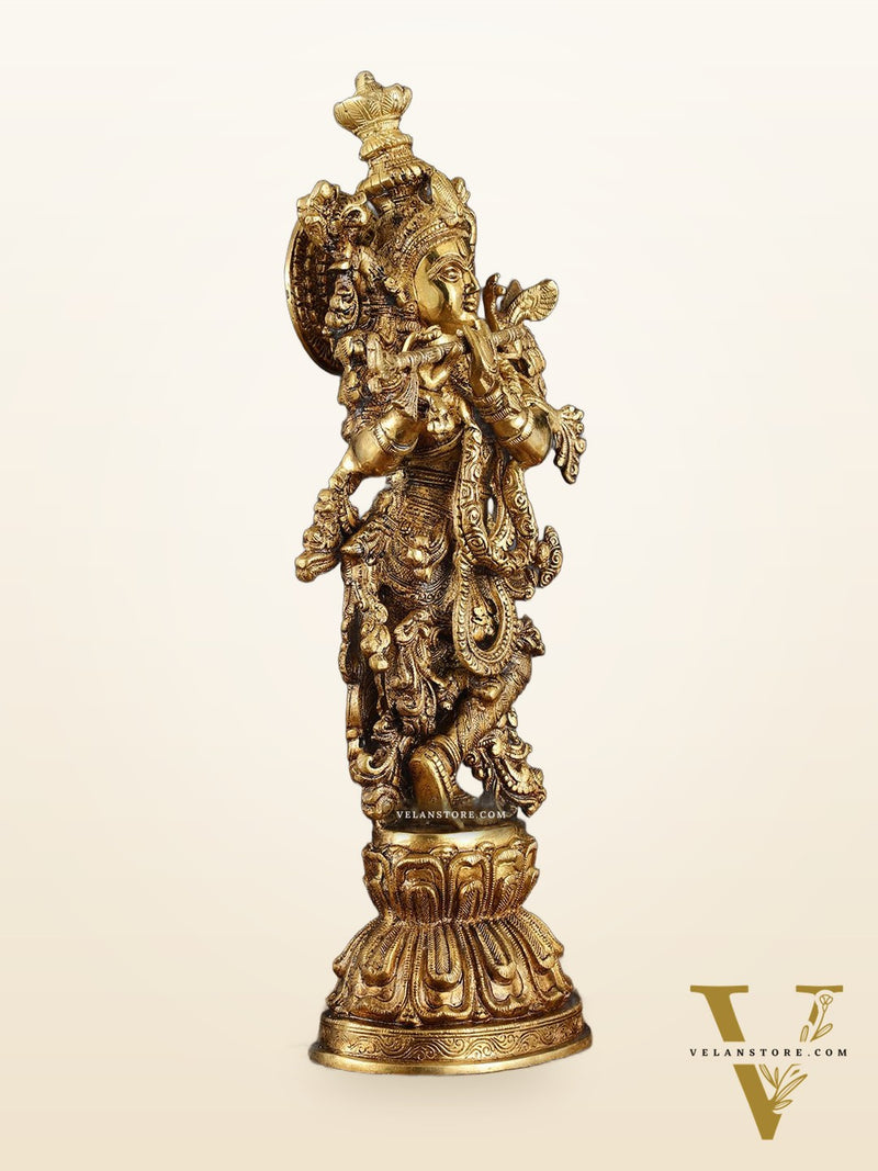 Exquisite Pure Brass Handcrafted Krishna Statue – 21" Height, Golden Antique Glossy Finish