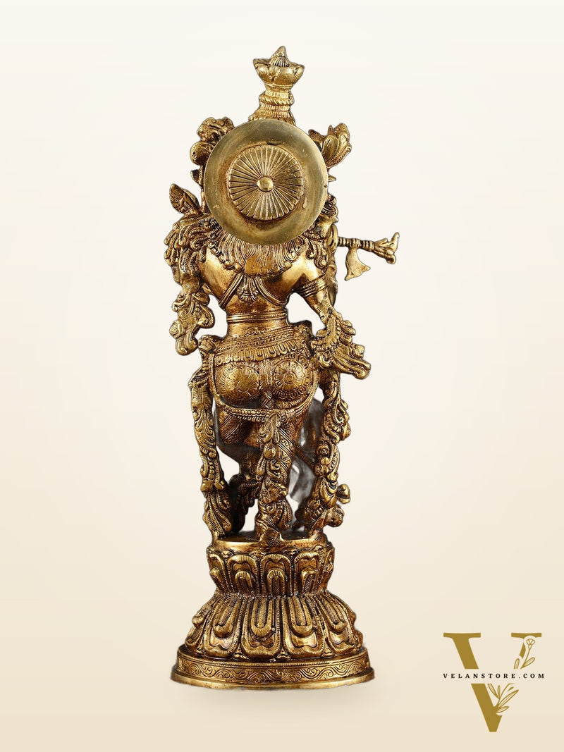 Exquisite Pure Brass Handcrafted Krishna Statue – 21" Height, Golden Antique Glossy Finish
