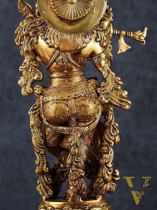Exquisite Pure Brass Handcrafted Krishna Statue – 21" Height, Golden Antique Glossy Finish