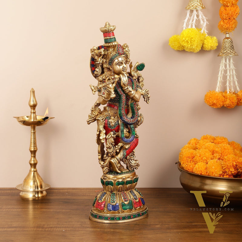 Exquisite Pure Brass Handcrafted Krishna Statue - 21"