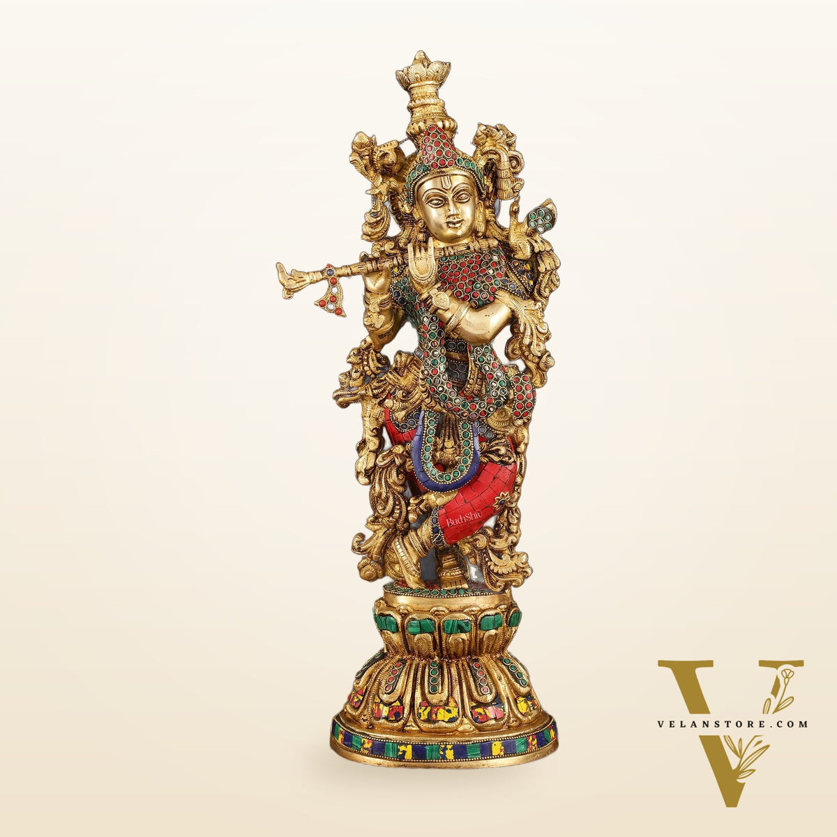 Exquisite Pure Brass Handcrafted Krishna Statue with Stonework, 21" Height