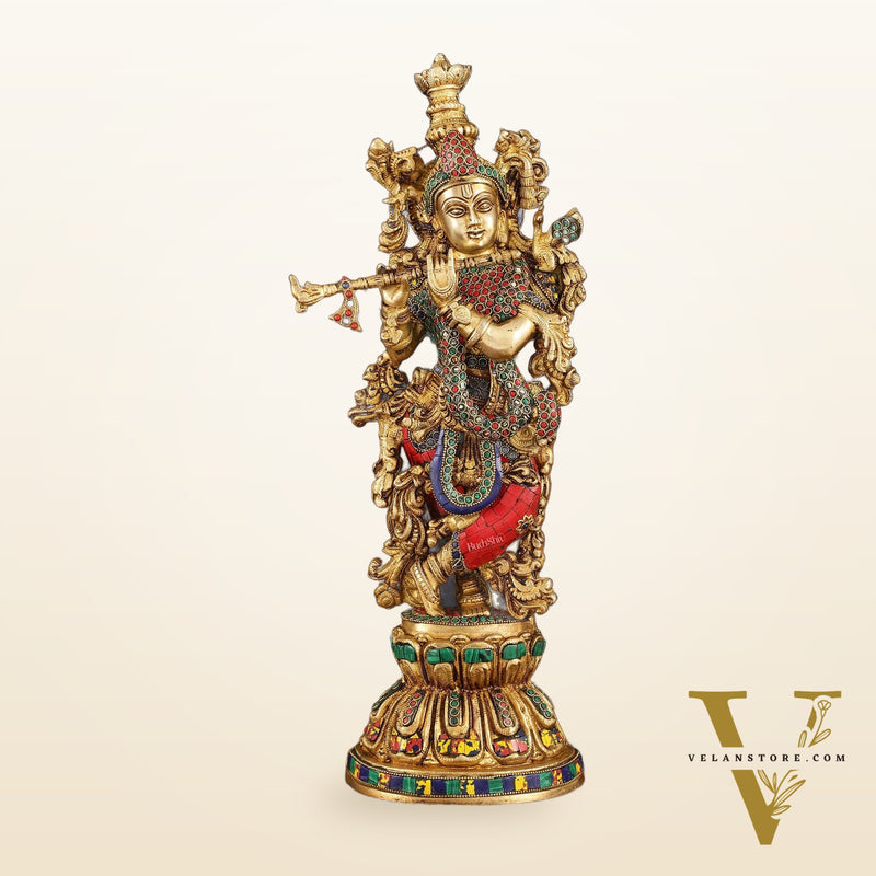 Exquisite Pure Brass Handcrafted Krishna Statue with Stonework, 21" Height