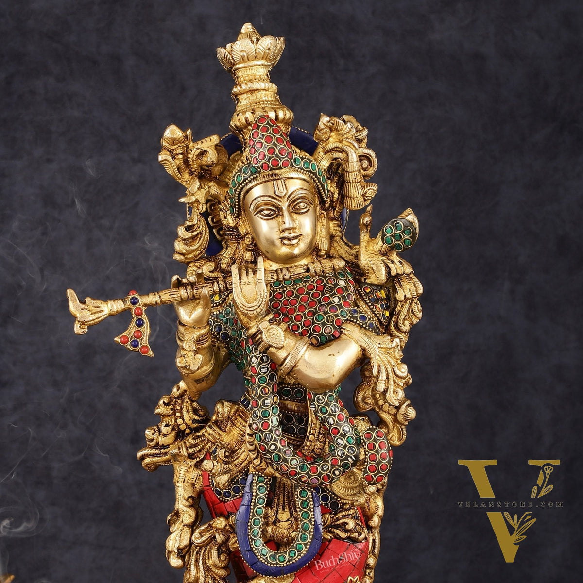 Exquisite Pure Brass Handcrafted Krishna Statue with Stonework, 21" Height