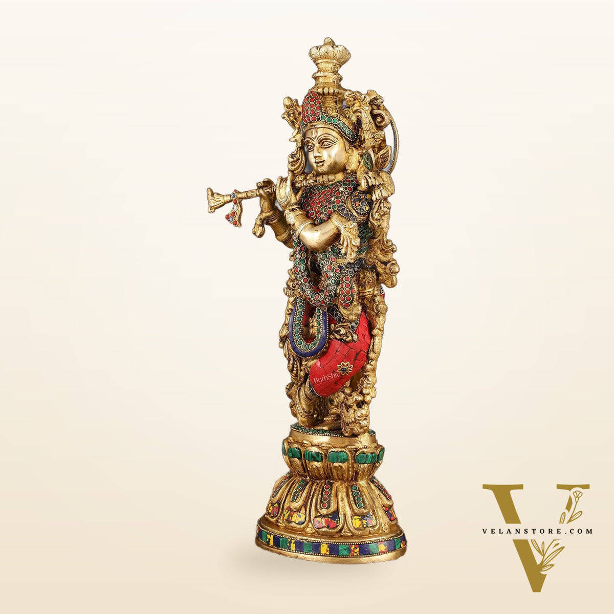 Exquisite Pure Brass Handcrafted Krishna Statue with Stonework, 21" Height