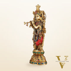 Exquisite Pure Brass Handcrafted Krishna Statue with Stonework, 21" Height