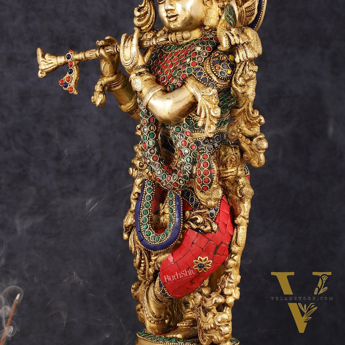 Exquisite Pure Brass Handcrafted Krishna Statue with Stonework, 21" Height