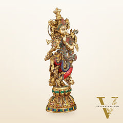Exquisite Pure Brass Handcrafted Krishna Statue with Stonework, 21" Height