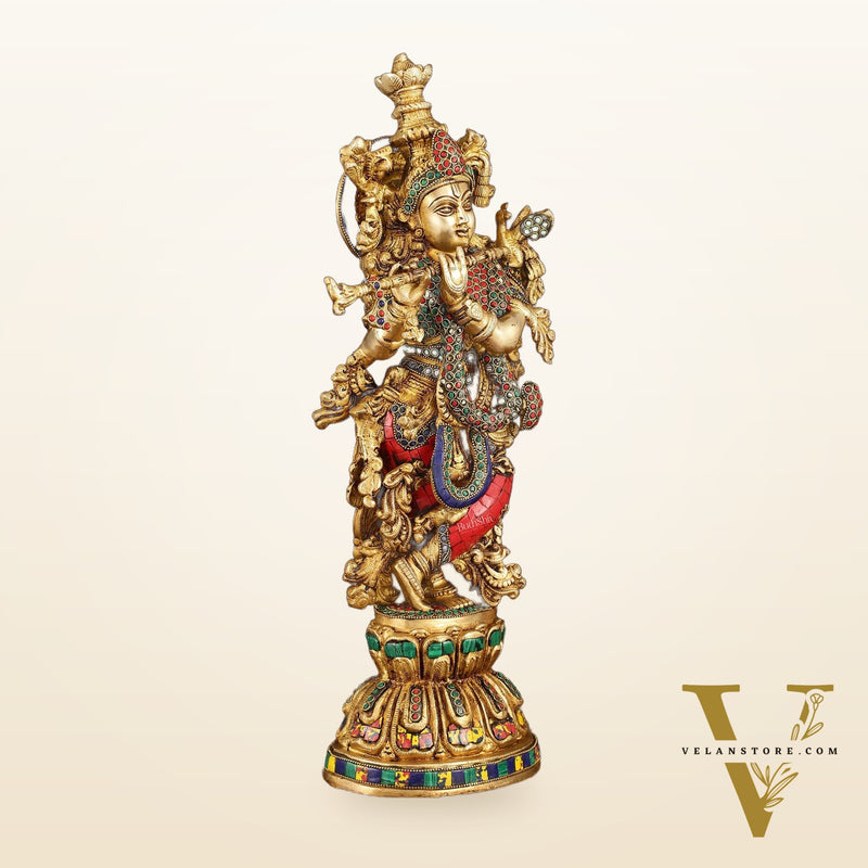Exquisite Pure Brass Handcrafted Krishna Statue with Stonework, 21" Height