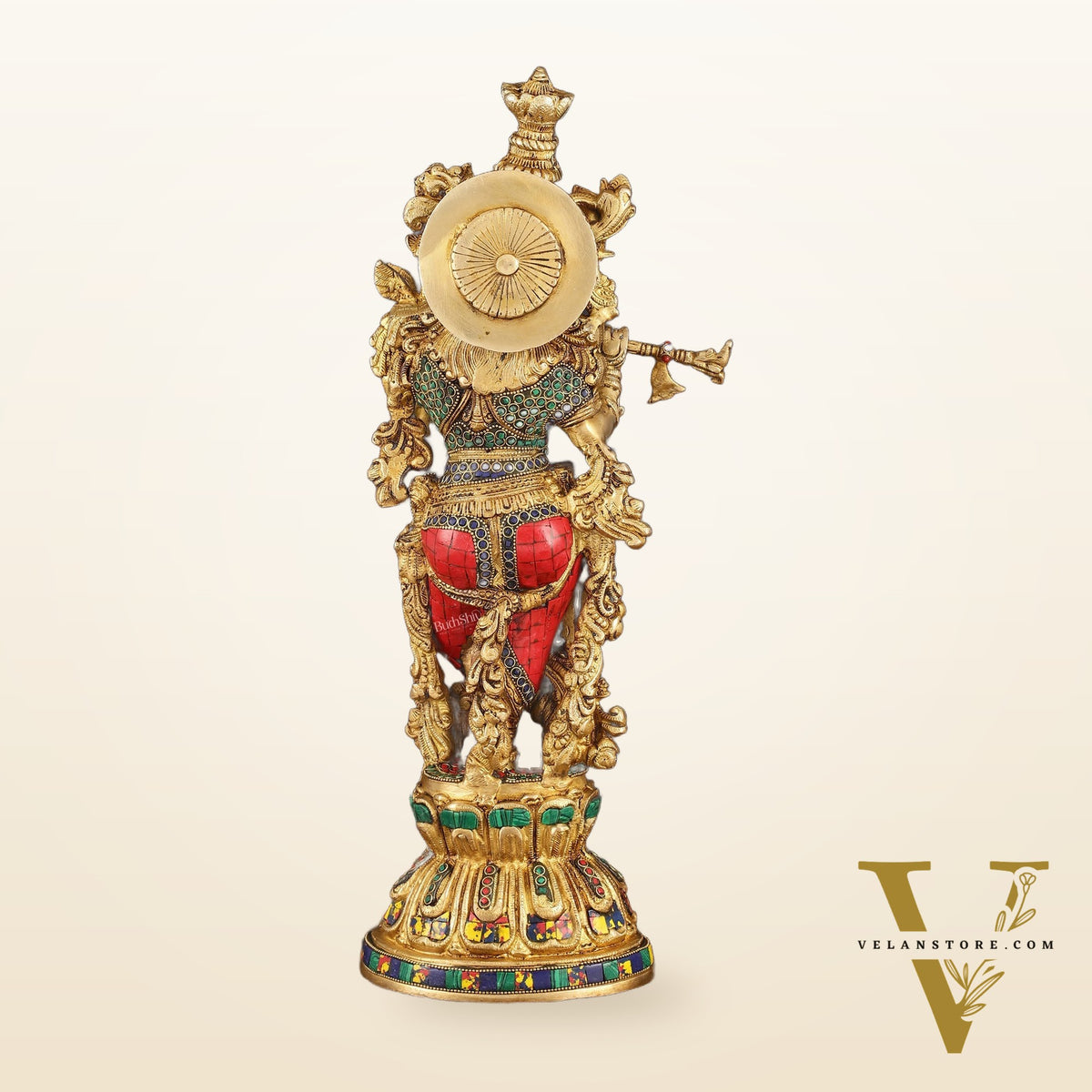 Exquisite Pure Brass Handcrafted Krishna Statue with Stonework, 21" Height