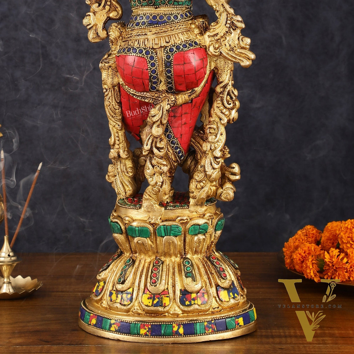 Exquisite Pure Brass Handcrafted Krishna Statue with Stonework, 21" Height