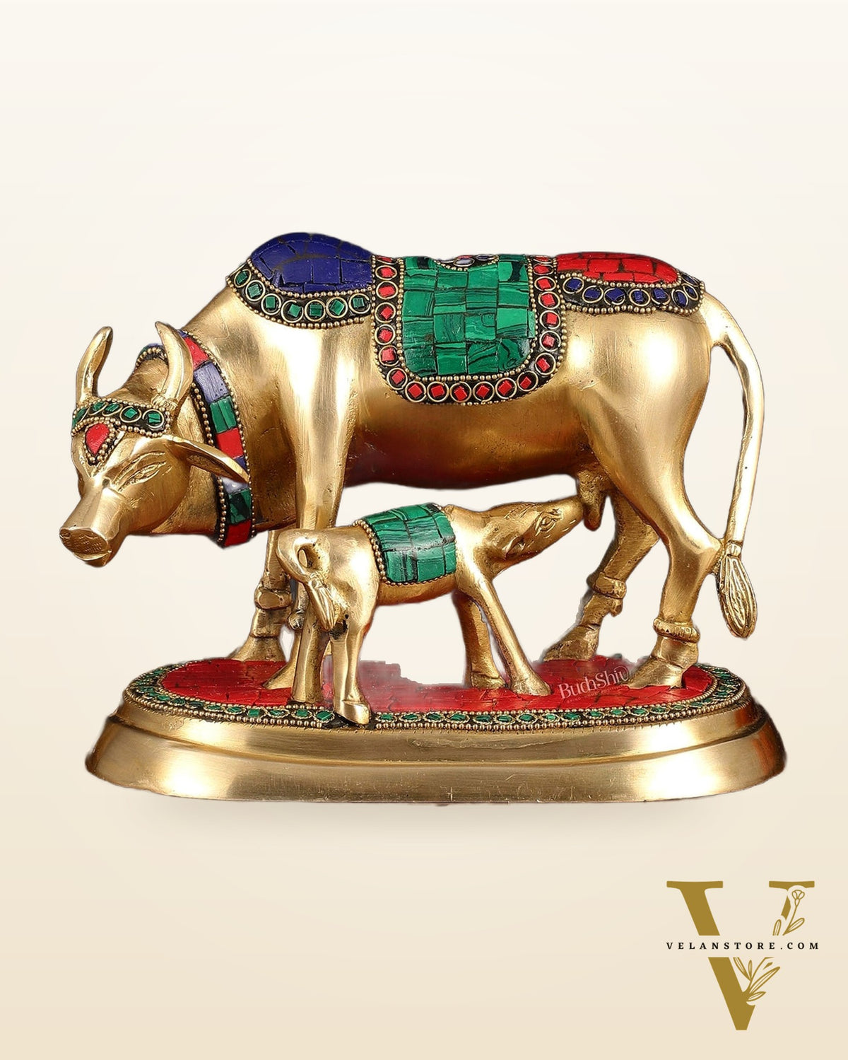 Exquisite Pure Brass Kamdhenu Cow and Calf Statue with Meenakari Stonework 8"