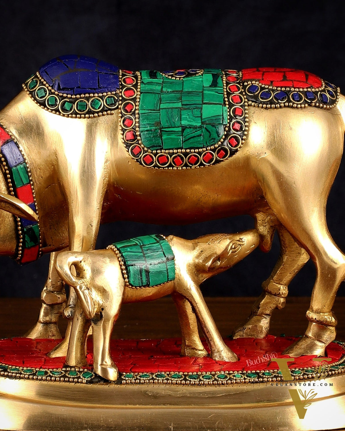 Exquisite Pure Brass Kamdhenu Cow and Calf Statue with Meenakari Stonework 8"