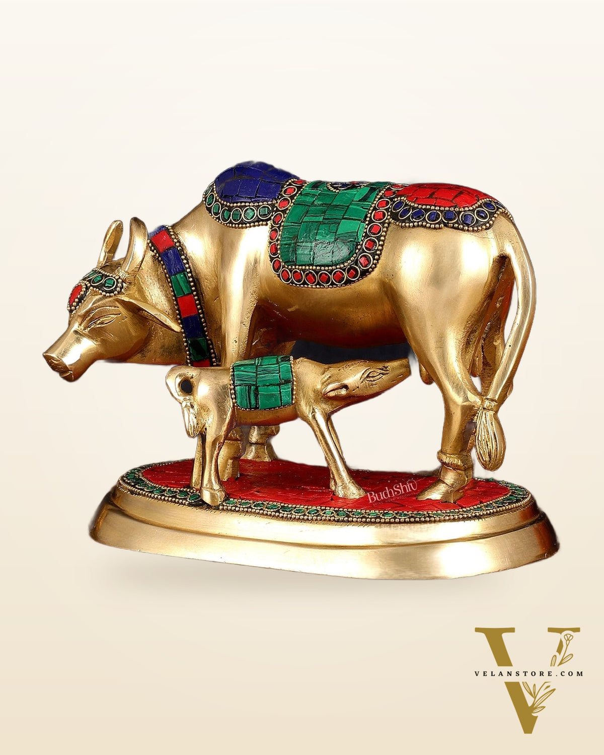 Exquisite Pure Brass Kamdhenu Cow and Calf Statue with Meenakari Stonework 8"