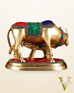 Exquisite Pure Brass Kamdhenu Cow and Calf Statue with Meenakari Stonework 8"