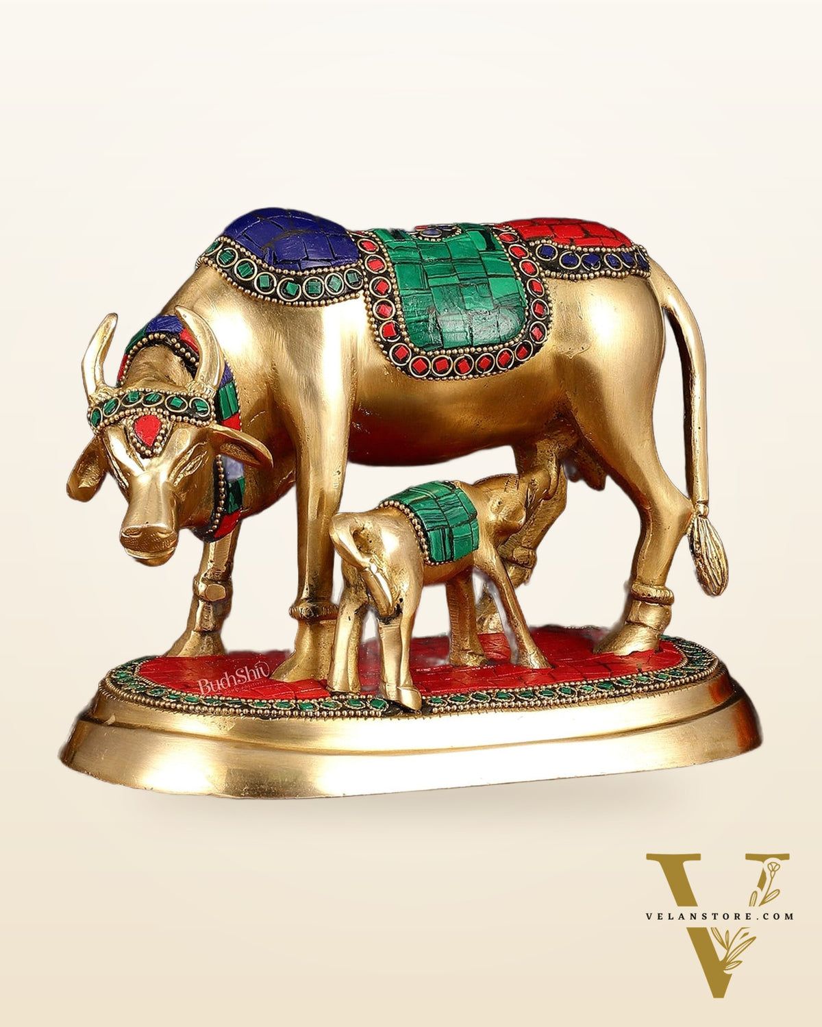 Exquisite Pure Brass Kamdhenu Cow and Calf Statue with Meenakari Stonework 8"