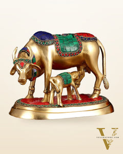 Exquisite Pure Brass Kamdhenu Cow and Calf Statue with Meenakari Stonework 8"