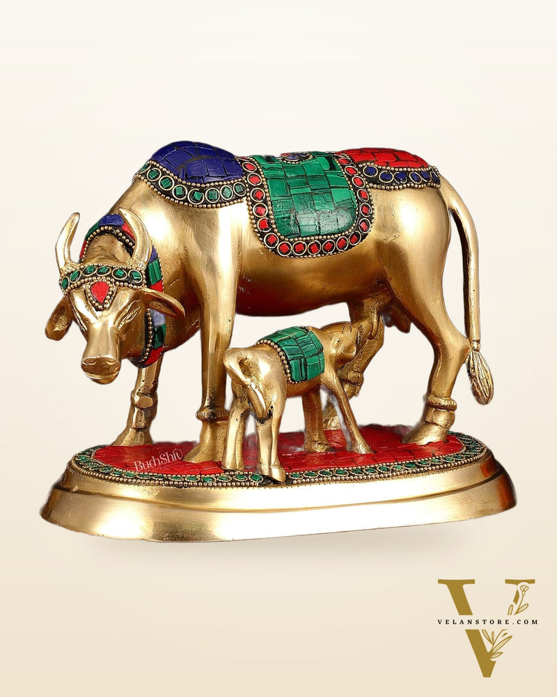 Exquisite Pure Brass Kamdhenu Cow and Calf Statue with Meenakari Stonework 8"