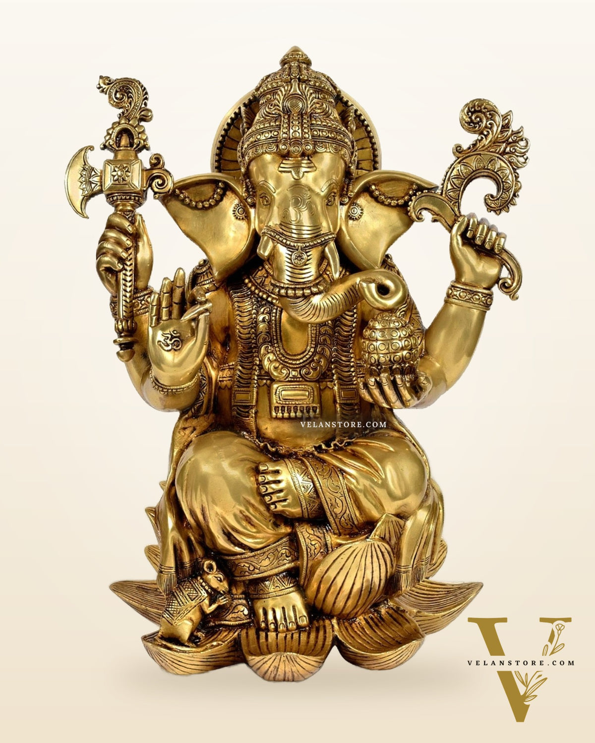 Exquisite Pure Brass Lord Ganesha Statue - Seated on Lotus, 22" Height