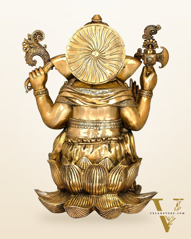 Exquisite Pure Brass Lord Ganesha Statue - Seated on Lotus, 22" Height