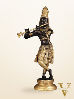 Exquisite Pure Brass Lord Krishna Statue - Black & Gold Finish, 23 Inches