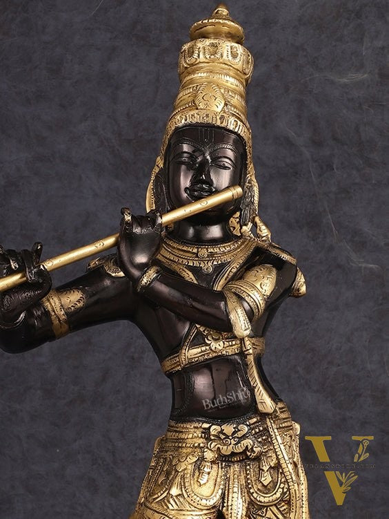 Exquisite Pure Brass Lord Krishna Statue - Black & Gold Finish, 23 Inches
