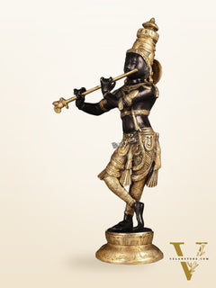 Exquisite Pure Brass Lord Krishna Statue - Black & Gold Finish, 23 Inches