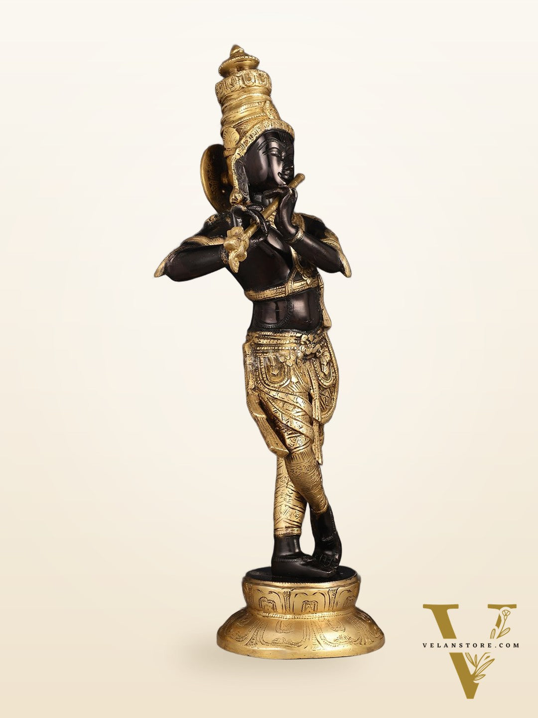 Exquisite Pure Brass Lord Krishna Statue - Black & Gold Finish, 23 Inches