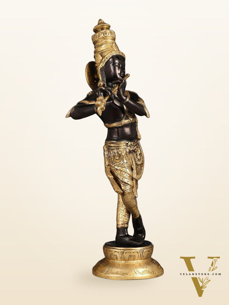 Exquisite Pure Brass Lord Krishna Statue - Black & Gold Finish, 23 Inches