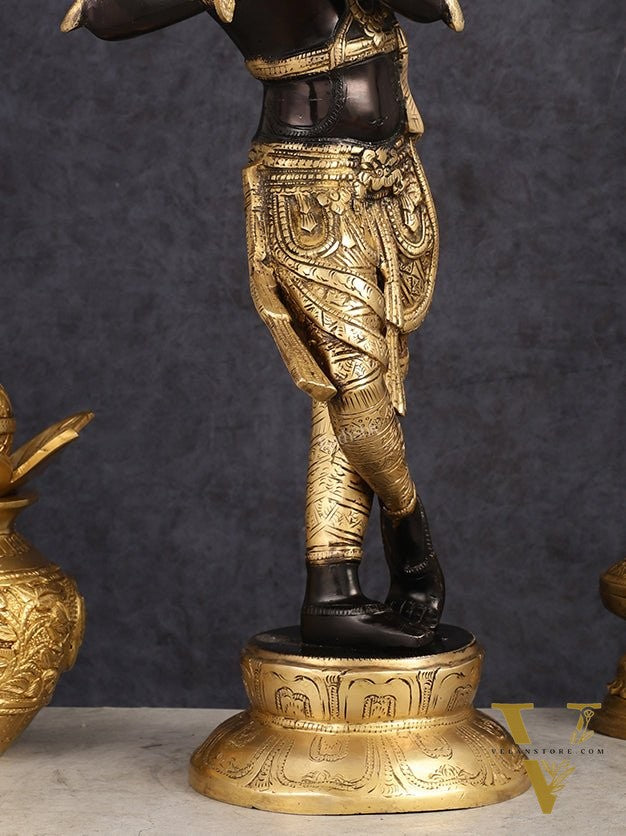 Exquisite Pure Brass Lord Krishna Statue - Black & Gold Finish, 23 Inches