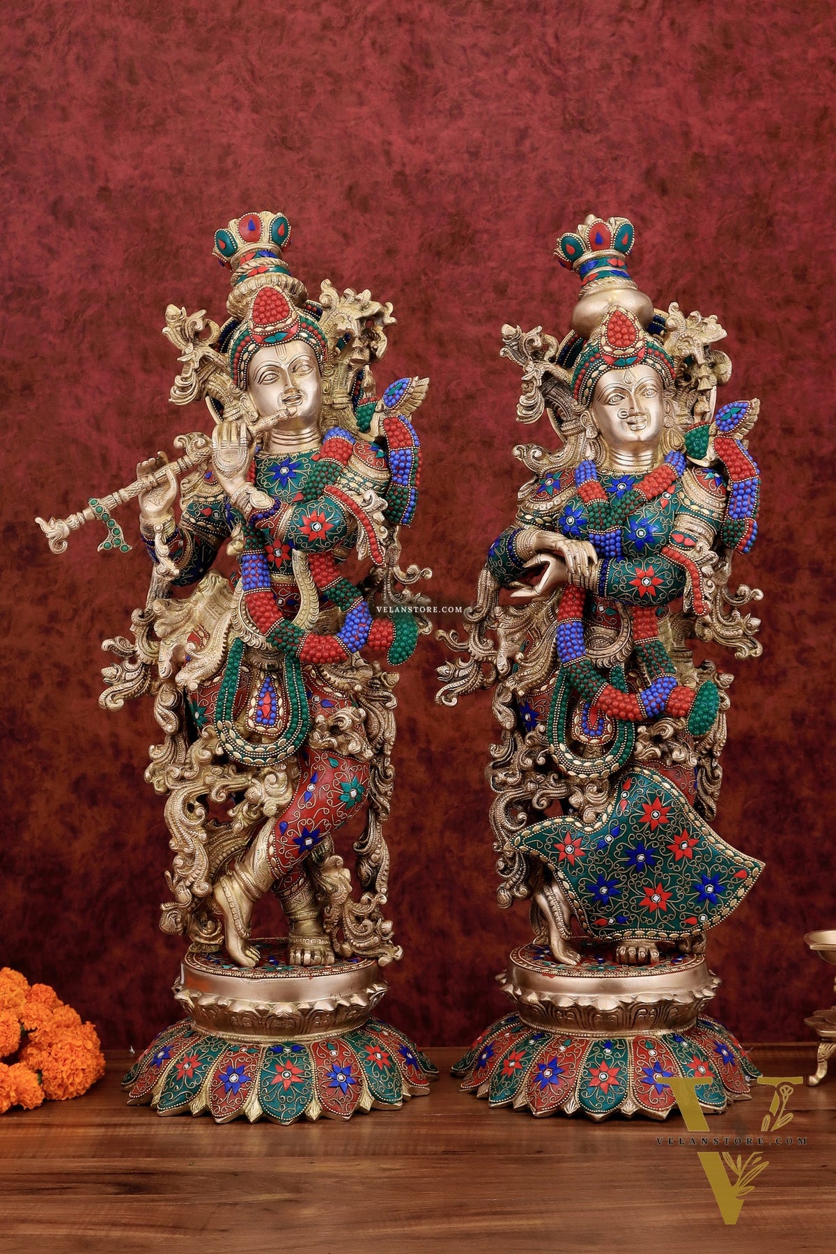 Exquisite Pure Brass Radha Krishna Statues on lotus base with Intricate Stonework – 27 Inch