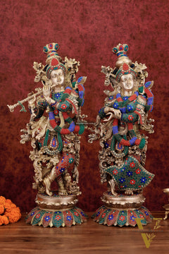 Exquisite Pure Brass Radha Krishna Statues on lotus base with Intricate Stonework – 27 Inch
