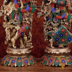 Exquisite Pure Brass Radha Krishna Statues on lotus base with Intricate Stonework – 27 Inch