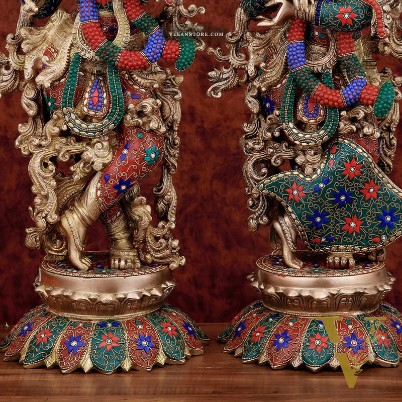 Exquisite Pure Brass Radha Krishna Statues on lotus base with Intricate Stonework – 27 Inch