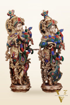 Exquisite Pure Brass Radha Krishna Statues on lotus base with Intricate Stonework – 27 Inch